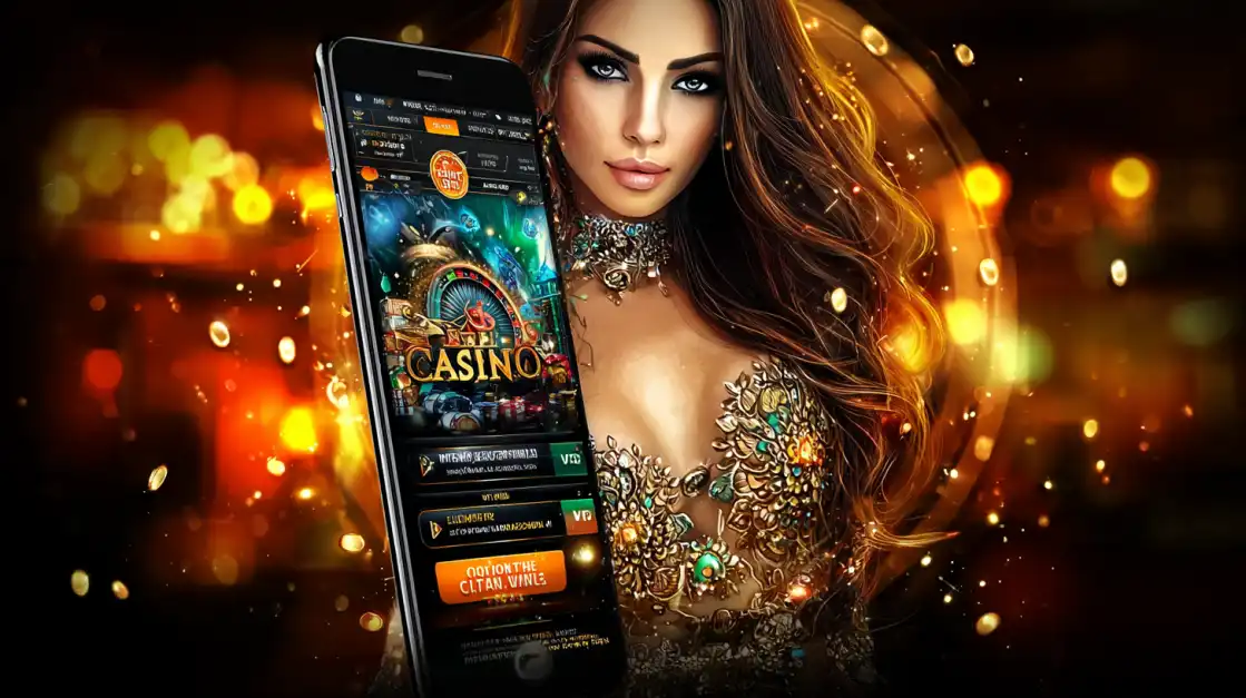 Elegant woman in a jeweled gold dress next to a smartphone with a casino interface and glowing effects.