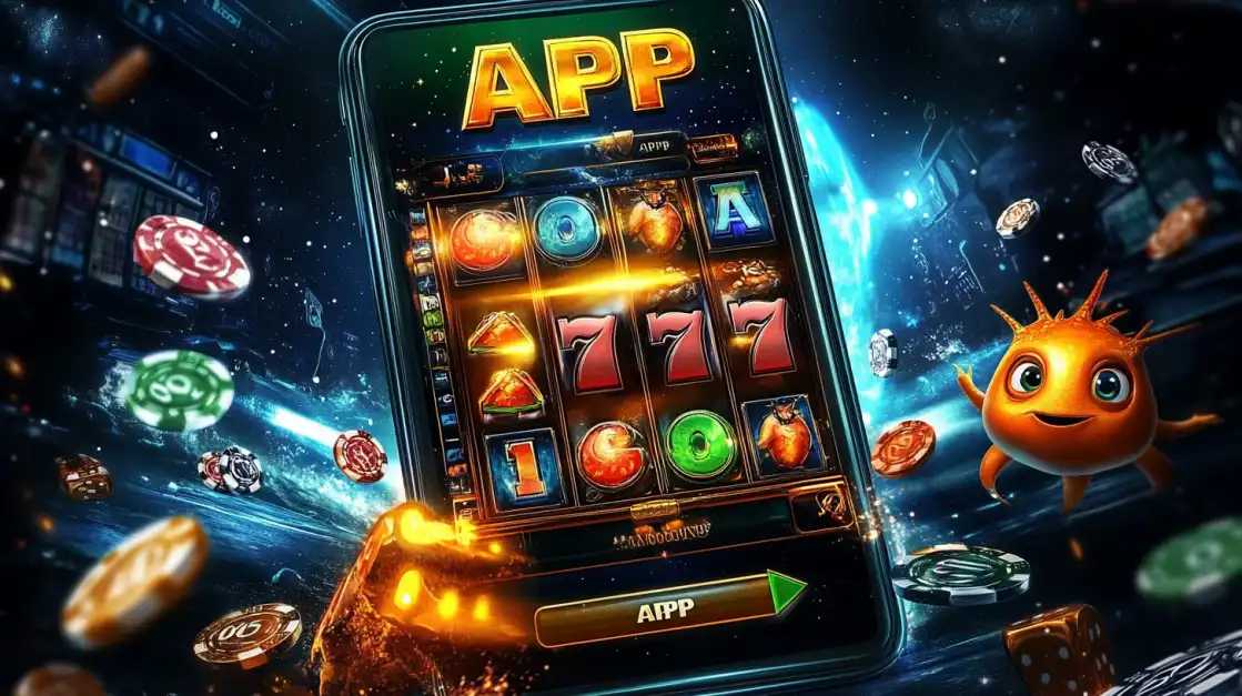 Casino slot machine app floating in space with chips, glowing reels, and a cute alien character.