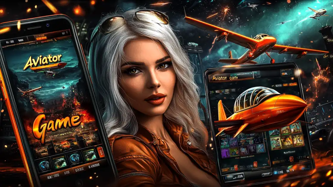 White-haired woman in a leather jacket with multiple smartphones showing the Aviator game and flying orange airplanes.