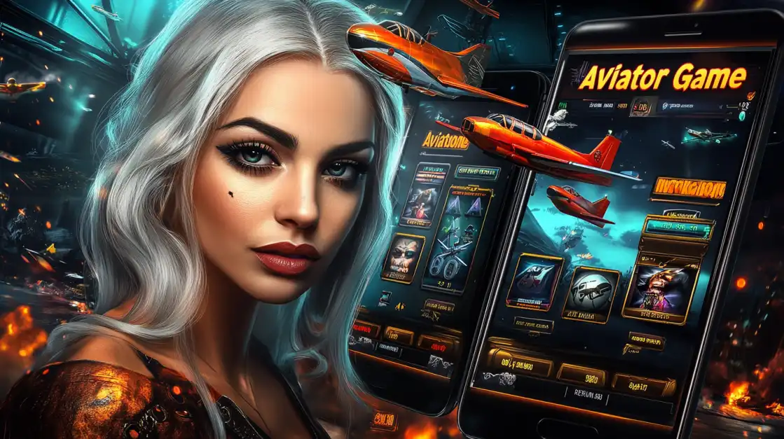 Stylish woman in front of phones displaying Aviator slot game UI with planes flying across the screen.