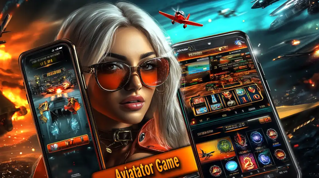Fashionable woman in red sunglasses with phones showing the Aviator slot interface and planes flying in the background.