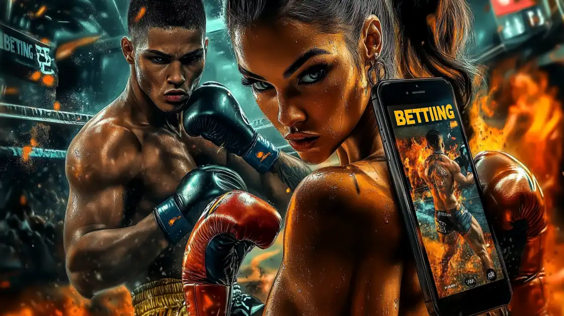 Intense boxing match scene with a woman in gloves holding a smartphone displaying a betting app and a male fighter in the ring.