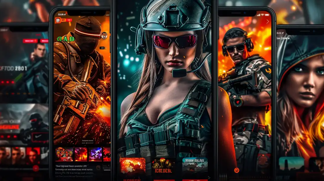 Tactical military characters shown through smartphones featuring action-packed betting or shooting games.