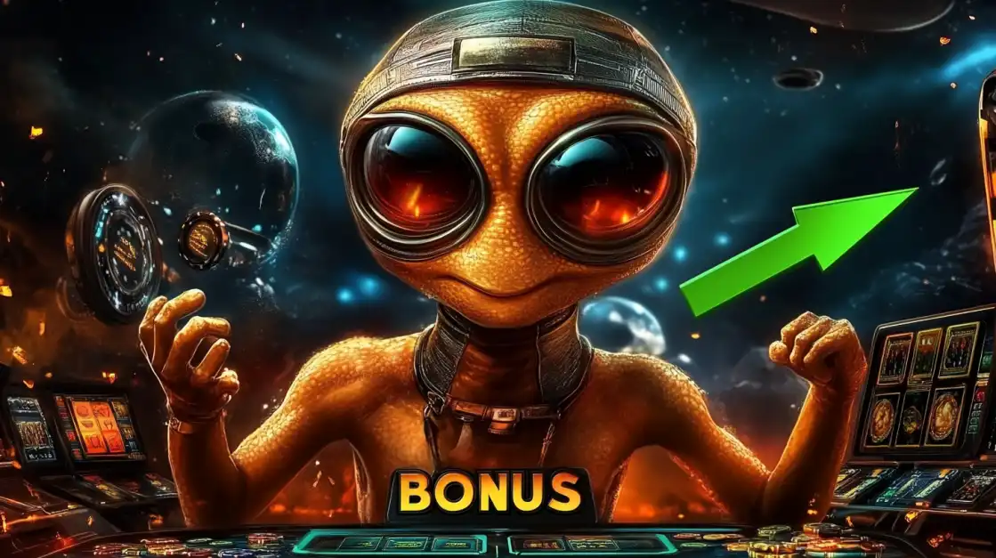 Orange alien at a futuristic casino table with glowing screens and a green arrow pointing to the word BONUS.