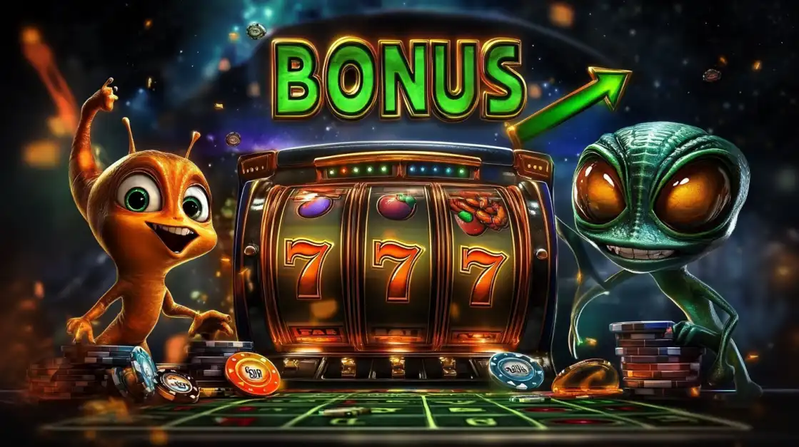Two aliens celebrating a jackpot win at a slot machine showing triple sevens with the word BONUS glowing above.
