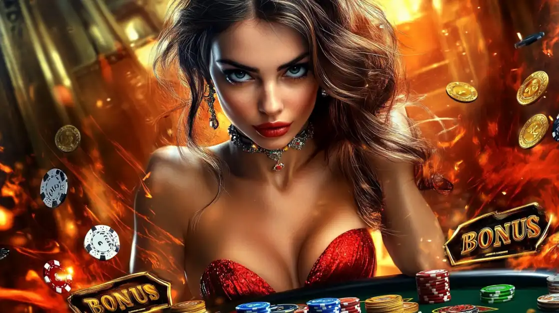 Seductive brunette in a red dress at a casino table, surrounded by flying chips, cards, and bonus signs.