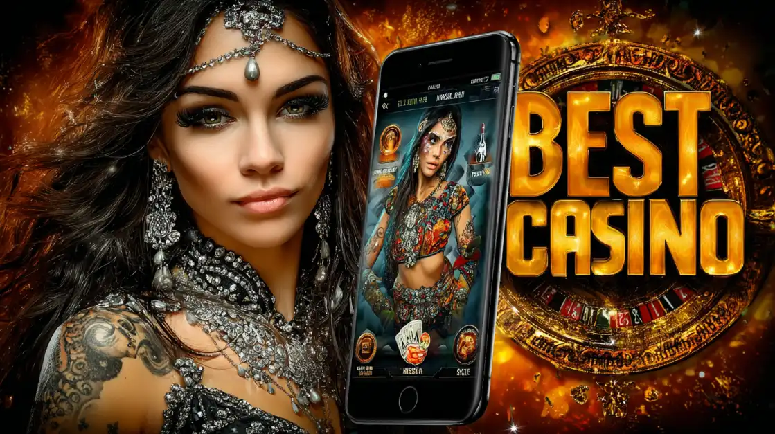 Beautiful woman in detailed jewelry beside a phone showing a casino game interface and the text Best Casino.