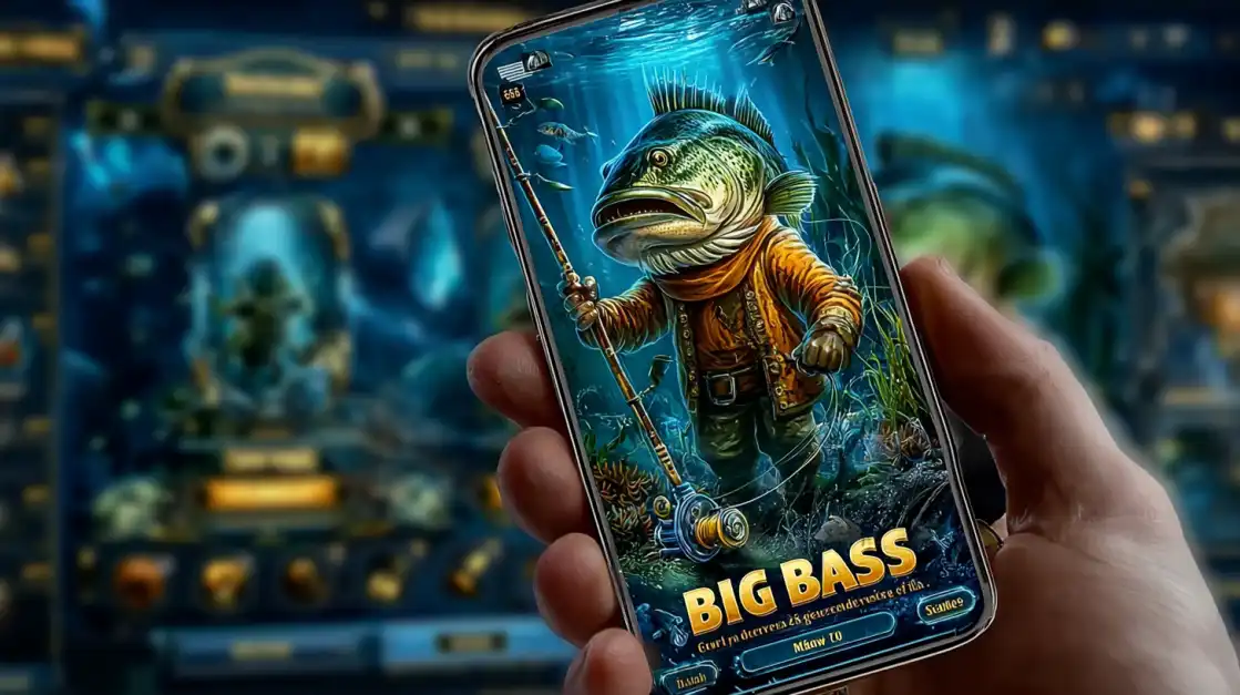 Hand holding a smartphone showing a fishing-themed casino game called Big Bass with an anthropomorphic fish.