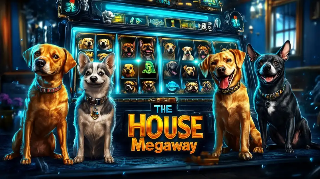 Cartoon-style slot machine game featuring happy dogs in front of reels filled with dog-themed symbols.