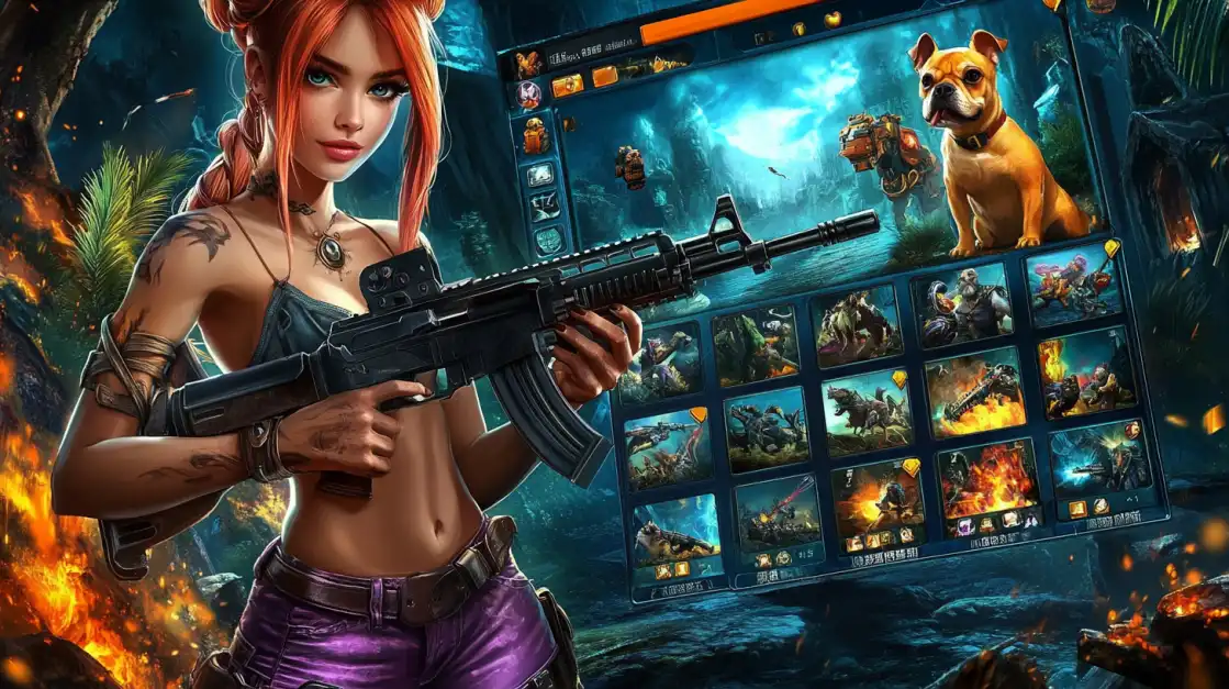 Red-haired girl with a rifle standing in front of a digital combat game interface with pets and futuristic units.