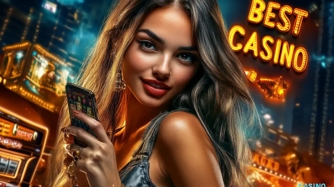 Smiling woman holding a phone with a slot app, standing near neon lights and signs reading Best Casino.