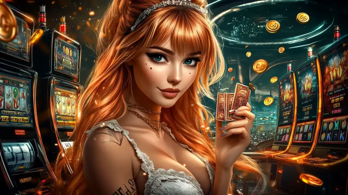 Red-haired girl holding playing cards in a casino with glowing slot machines and flying golden coins.