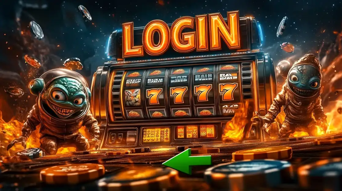 Futuristic slot machine with a LOGIN sign, alien characters, and flying chips in a fiery sci-fi casino scene.