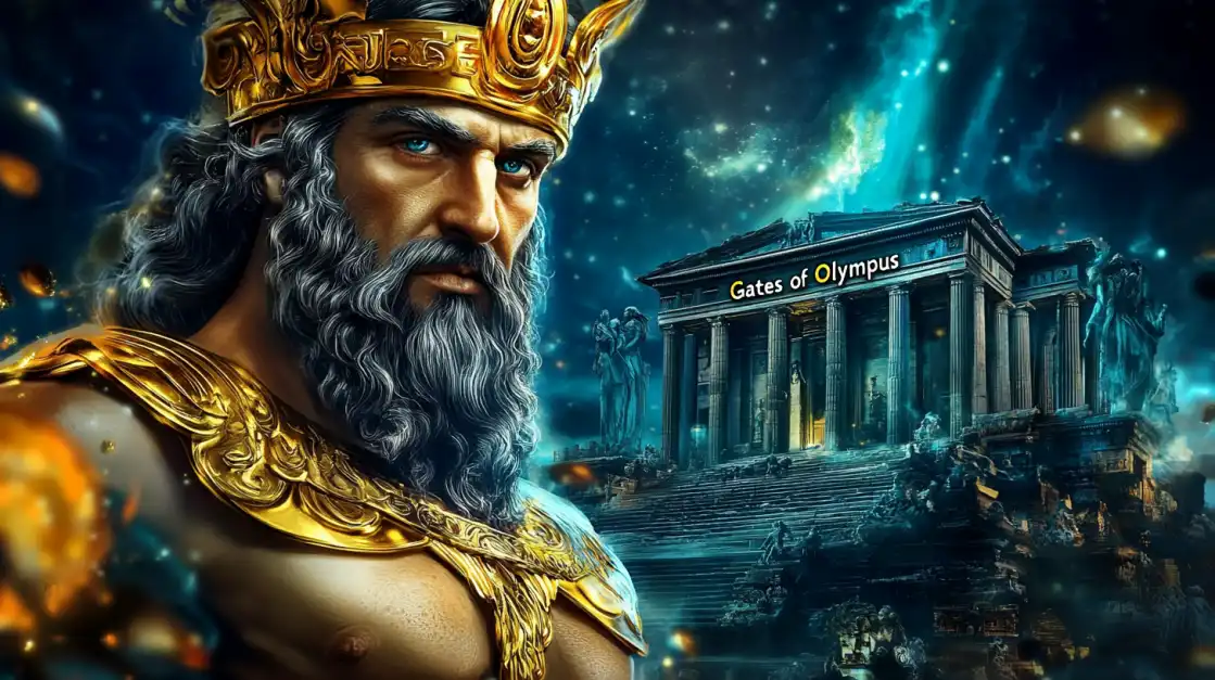 Powerful god-like figure in gold armor with the Gates of Olympus temple in the background of a casino theme.