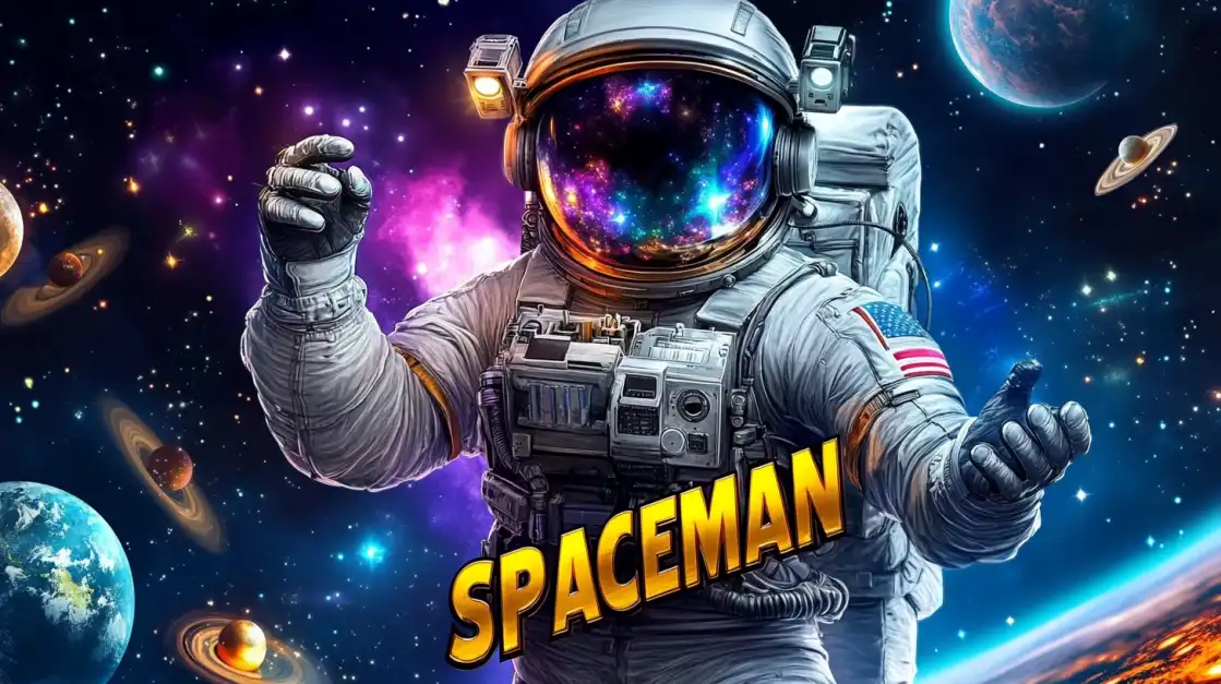 Cartoon astronaut floating in outer space surrounded by planets, stars, and the word Spaceman in bold.