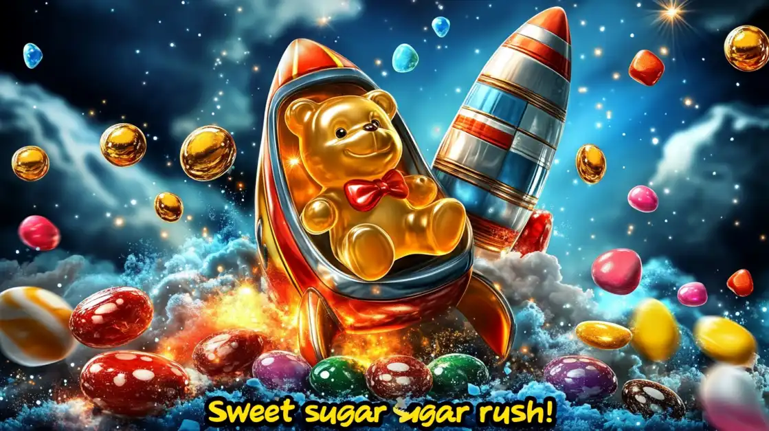 Shiny gummy bear launching in a rocket through a colorful sky filled with candy and sweets with the caption Sweet sugar sugar rush!